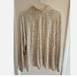 H&M Champagne Sequin Shirt Sheer Long Sleeve Top Sz L / XL Club Party Glam